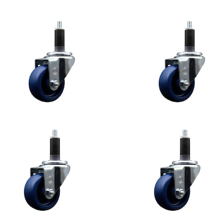Service Caster 3'' SS Solid Poly Wheel Swivel 1-1/8'' Expanding Stem Caster Set, 4PK SCC-SSEX20S314-SPUS-118-4